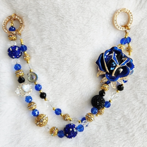 Accessories - Elegant Blue and Gold Floral Bag Charm Chain
